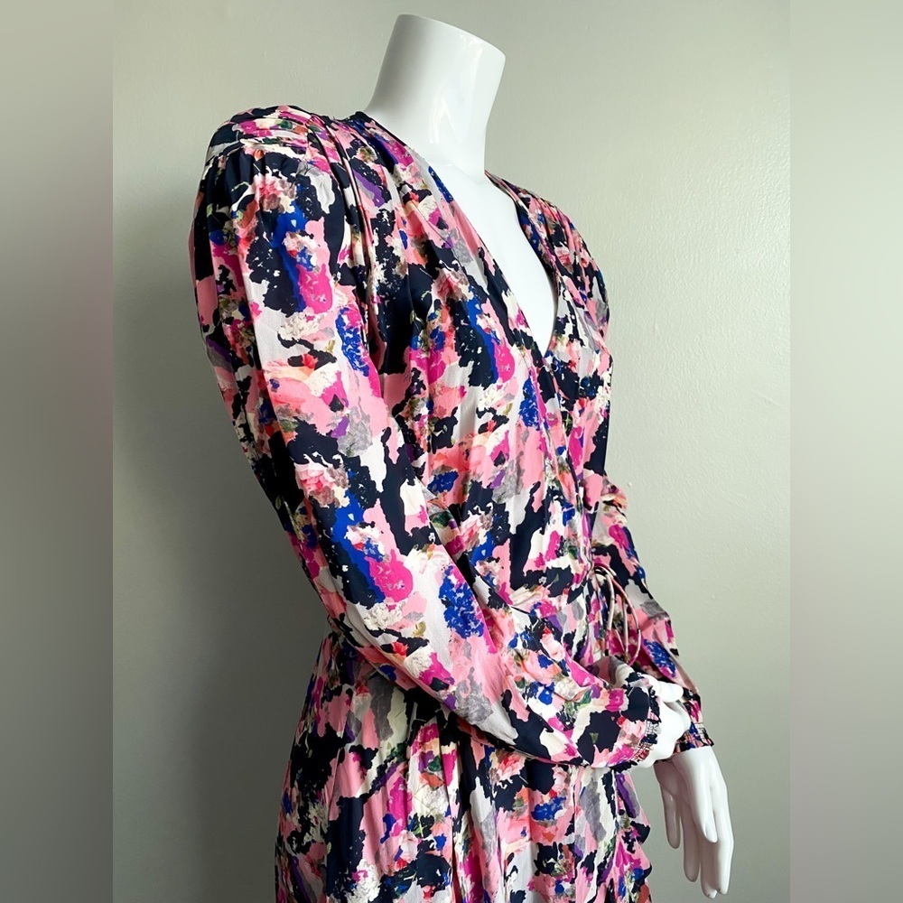 $435‼️IRO Bloomy Printed Pleated Long Sleeve Wrap Ruffle Mini Dress Watercolor 8 - Picture 7 of 13